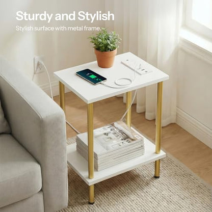 HOOBRO Side Table with Charging Station, Set of 2 End Tables with USB Port and Outlets, Nightstand with 2-Layer Storage Shelves for Small Spaces, Living Room, Bedroom, White and Gold DW09UBZP201 - color: White + Gold