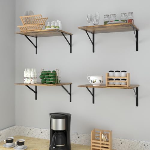 Deep Floating Wall Shelves - 4 Sets of 12 Inch Wide Rustic Brown Wood Shelves for Bathroom, Bedroom, Kitchen, Living Room - color: Rustic Brown Shelves