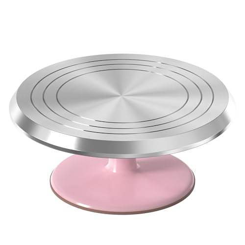 12 Inch Pink Aluminum Alloy Revolving Cake Stand for Cake Decorating | Rotating Cake Turntable for Cake Decorating, Baking, and Cake Decorating Supplies - color: Pink