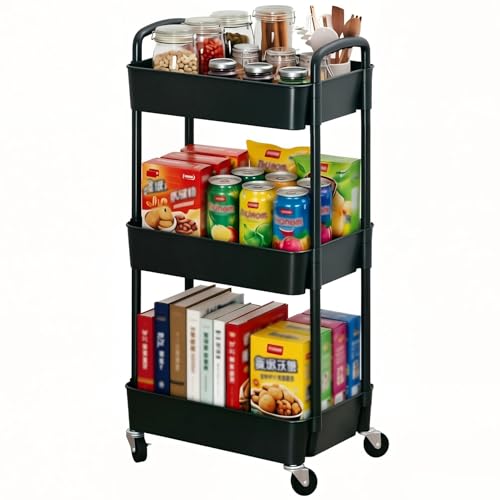 Sywhitta 3-Tier Plastic Rolling Utility Cart with Handle, Multi-Functional Storage Trolley for Office, Living Room, Kitchen, Movable Storage Organizer with Wheels, Black - color: Black, size: 3-tier