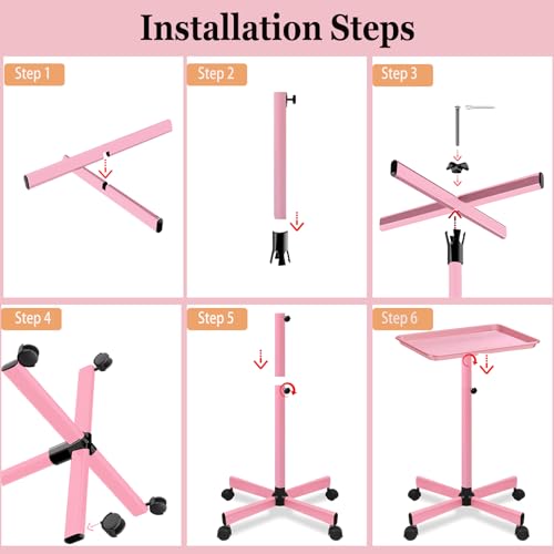 Salon Tray on Wheels, Metal, Salon Rolling Tray Height Adjustable Used As Color Tray, Hair Stylist Tray,Tattoo Tray and Dental Tray(Pink) - color: Pink