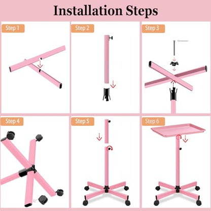 Salon Tray on Wheels, Metal, Salon Rolling Tray Height Adjustable Used As Color Tray, Hair Stylist Tray,Tattoo Tray and Dental Tray(Pink) - color: Pink