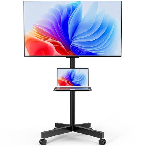Mobile TV Stand for 23-65 Inch LCD LED Flat/Curved Panel Screen TVs, Height Adjustable Rolling Floor TV Cart with Tilt Mount and Shelf, Portable Stand Holds up to 110 lbs, Max VESA 400x400mm - color: Black, size: 23-65 Inch