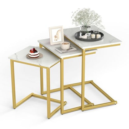 Tangkula Nesting Table Set of 3, Rectangle Stacking Side End Table with Wood Top & Metal Legs, Adjustable Foot Pads, C-shaped Accent Coffee Tables for Small Spaces, Living Room (C-shaped, White, 3-pc) - color: White