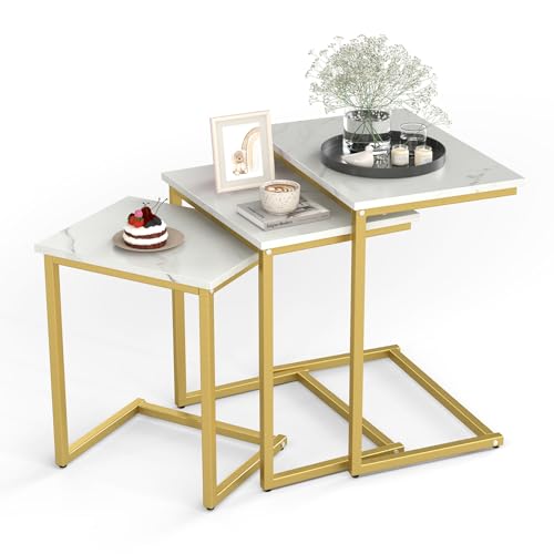 Tangkula Nesting Table Set of 3, Rectangle Stacking Side End Table with Wood Top & Metal Legs, Adjustable Foot Pads, C-shaped Accent Coffee Tables for Small Spaces, Living Room (C-shaped, White, 3-pc) - color: White