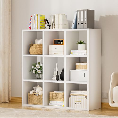 COMHOMA 9 Wood Cube Storage Organizer with Open Back and Removable Back Panels, 11In White Cube Storage Bookshelf, Cubicle Shelf Bookcase for Home Office Bedroom Living Room, Vertical or Horizontal - color: 9 Cube White
