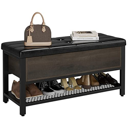 HOSTACK 40" W Storage Bench, Entryway Shoe Bench with Cushion, Dark Brown | Wood Metal Bench with Flip-Open Hidden Storage, Ottoman Bench with Padded Seat & Shoe Rack for Hallway, Bedroom, Living Room - color: Dark Brown