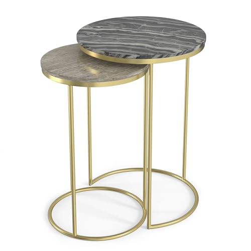 SIMPLIHOME Ashley Nesting Tables Set – 16 inch Wide Genuine Marble Top Metal Accent Tables in Grey Taupe Marble/Gold, Round End Tables for Living Room or Bedroom with Compact Design, Assembled