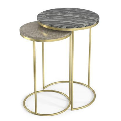 SIMPLIHOME Ashley Nesting Tables Set – 16 inch Wide Genuine Marble Top Metal Accent Tables in Grey Taupe Marble/Gold, Round End Tables for Living Room or Bedroom with Compact Design, Assembled