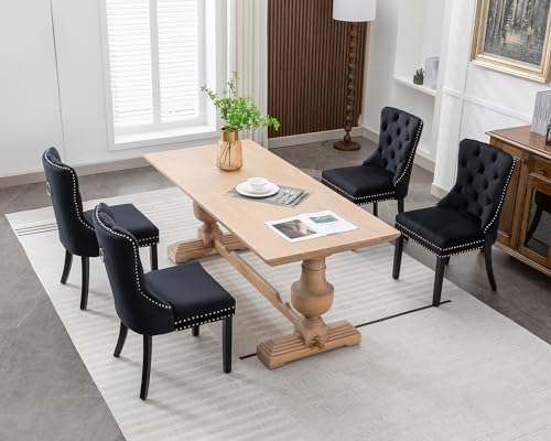 KCC Velvet Dining Chairs Set of 4, Upholstered High-end Tufted Dining Room Chair with Nailhead Back Ring Pull Trim Solid Wood Legs, Nikki Collection Modern Style for Kitchen, Black - color: Black, size: Set of 4
