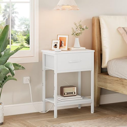 Vagusicc White Nightstand Set of 2 with Charging Station, Bed Side Table with Fabric Drawer, Small End Table with 2-Tier Storage Shelves, 25.4" Tall Bedside Table, Night Stand for Bedroom, Living Room - color: White (2 Pack)