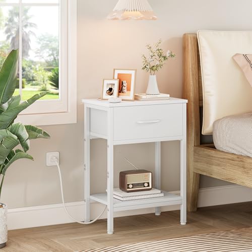 Vagusicc White Nightstand with Charging Station, End Table with Fabric Drawer, Small Side Table with 2-Tier Storage Shelves, 25.4" Tall Bedside Table, White Night Stand for Bedroom, Living Room, Dorm - color: White (1 Pack)