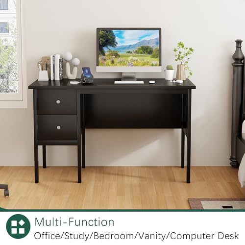 BHG Computer Desk with Drawers,Modern White Home Office Desk with Storage Filing Cabinet, Vanity Desk Makeup Dressing Table for Bedroom,Small Writing Table PC Desks for Study (Black, 43.3") - color: Black