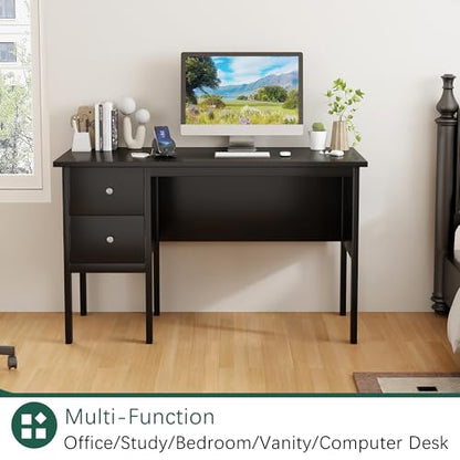 BHG Computer Desk with Drawers,Modern White Home Office Desk with Storage Filing Cabinet, Vanity Desk Makeup Dressing Table for Bedroom,Small Writing Table PC Desks for Study (Black, 43.3") - color: Black