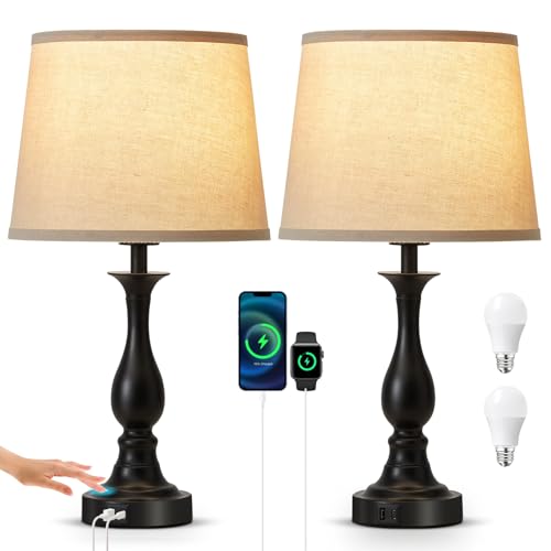 Bedside Table Lamp Touch Control Bedroom Lamps with USB A and C Charging Port 3 Way Dimmable Touch Lamps for Nightstand Living Room Bedroom Dorm Home Office Reading, Set of 2 - color: Black