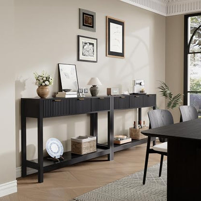 Nasonet Fluted Console Table, Wooden Sofa Table with Storage and Drawers, Farmhouse Behind Couch Table Entryway Table for Entrance, Hallway, Living Room, Black - color: Black, style: Modern