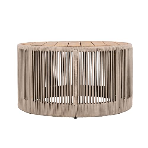 26" Outdoor Rustic Coffee Table,Rattan Rope & Acacia Wood Center Table with Round Top & Iron Frame, Easy Assembly, Versatile Weather-Resistant Patio Furniture for Garden, Yard, Balcony, Beige Teak - size: 26"