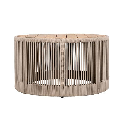 26" Outdoor Rustic Coffee Table,Rattan Rope & Acacia Wood Center Table with Round Top & Iron Frame, Easy Assembly, Versatile Weather-Resistant Patio Furniture for Garden, Yard, Balcony, Beige Teak - size: 26"