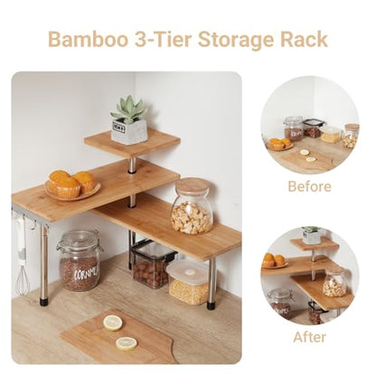 3-Tier Corner Shelf, Bamboo & Metal Storage Rack with Hooks, Adjustable Countertop Organizer for Kitchen, Bathroom, Bedroom or Office
