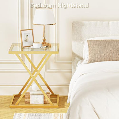 Square End Table with Tempered Glass Top, Stylish X-Shaped Metal Frame, Living Room Coffee Table, Sofa Side Table, Accent Tables for Small Spaces, Modern Bedside Table for Bedroom (Gold) - color: Gold, style: Style 3
