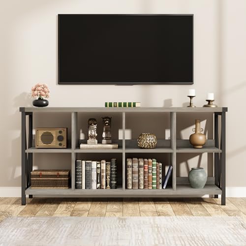 Narrow Console Tables, 2 Tier Entryway Table w/Storage Shelf, 8 Cube Storage Organizer and Shelves, Cube Shelf Bookshelf for Home and Bedroom, 13.4" D x 62.2" W x 30.3" H, Grey