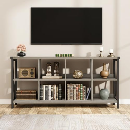 Narrow Console Tables, 2 Tier Entryway Table w/Storage Shelf, 8 Cube Storage Organizer and Shelves, Cube Shelf Bookshelf for Home and Bedroom, 13.4" D x 62.2" W x 30.3" H, Grey
