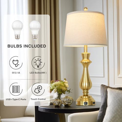 Touch Lamps for Night Stands Set of 2-29.5" Tall Bedside Lamp with USB C+A, 3 Way Dimmable Bedroom Lamps, Gold Metal Table Lamps for Living Room - color: Gold