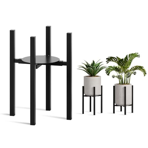 Adjustable Metal Plant Stand Indoor, Fits 9-15 Inch Pots, Mid Century Modern Planter Holder,2 Heights, Heavy Duty 160 lb, Indoor Outdoor Corner Floor Pot Stand, Black with Round Plate - color: black-a