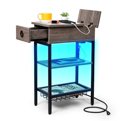 Small Grey Side Table Charging Station with LED Light, Narrow Grey Living Room End Tables with Storage, Skinny USB Nightstand with Outlet, Gaming Coffee Table for Couch with USB Ports - color: Elegent Grey With Light, style: Modern