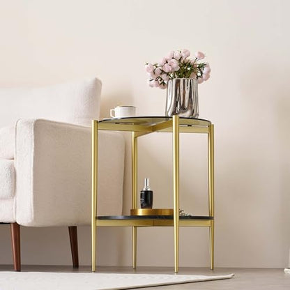 LumFurn Round Glass End Table, Mid-Century Modern Design Sofa Table for Living Room, D18 x H23 in, 2-Tier Structure, Grey Glass Top and Black Marble Shelf, Sleek Conical Legs with Gold Finish Frame - color: Grey & Black Marble, size: D18" Round End Table