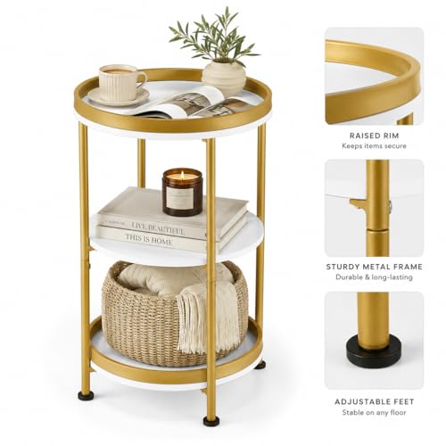 Dulcii Round Side Table with Storage Tray for Living Room, 15" L x 15" W x 24" H Bedroom Nightstand 3 Tiers Bedside Table with Steel Frame for Small Spaces (White & Gold) - color: White + Gold, style: Classic
