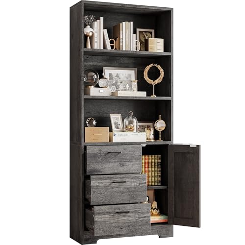 IRONCK Bookshelf with Doors and 3 Drawers 71 in Tall Bookcase with 3-Tier Shelves, Industrial Book Shelf with Storage for Living Room Entrance Hallway Home Office - color: Charcoal Grey
