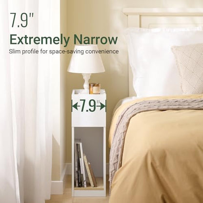SoBuy Narrow Nightstand with Drawer and Open Shelf – Slim Small Bedside Table for Tight Spaces, Compact Skinny White Nightstand for Bedroom or Dorm, Wooden Side Table, White FBT171-WN
