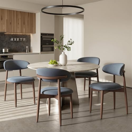 COLAMY Mid-Century Modern Wooden Dining Chair Set of 4, Indoor Upholstered Kitchen Chairs with 2.6" Cozy Padded Seat, Walnut Finish Side Dining Chair, [Blue] - color: Blue, size: 4 Chairs