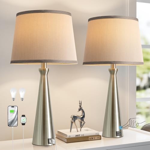 Seealle Modern Table Lamps Set of 2 - Touch Bedside Lamp for Nightstand with Dual USB C+A,3-Way Dimmable Silver Nightstand Lamps for Living Room Bedroom End Table with Grey Shade(Bulb Included) - color: B. Silver-Grey