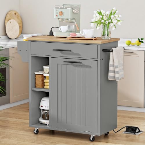 HOOBRO Kitchen Island with Trash Can Storage, Rolling Kitchen Island on Wheels, Mobile Island Cart with Power Outlet, Islands Table for 10 Gallon Garbage Bin, White and Grey GN80UZD01G1 - color: Natural + Grey
