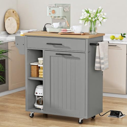 HOOBRO Kitchen Island with Trash Can Storage, Rolling Kitchen Island on Wheels, Mobile Island Cart with Power Outlet, Islands Table for 10 Gallon Garbage Bin, White and Grey GN80UZD01G1 - color: Natural + Grey