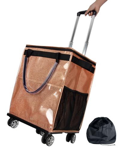 Reusable Grocery Bags on Wheels, Rolling Tote Bag, Portable Shopping Cart for Groceries with Wheels and Drawstring Bag, Trolley, 54L, Foldable, Starry Gold - color: Starry Gold