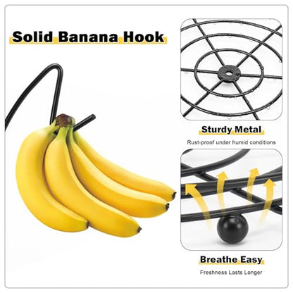 2 Tier Fruit Bowl, Stackable Fruit Basket-Vegetable Holder, Large Capacity Thick Metal Wire Basket with Banana Hanger, Kitchen Countertop Fruit Veggies Storage, Black