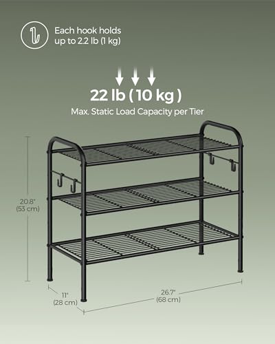 SONGMICS Shoe Rack, 3-Tier Shoe Organizer, Metal Shoe Shelf Storage with 4 Side Hooks, Holds 12 Pairs of Shoes, Height-Adjustable Shoe Rack for Entryway, Hallway, Closet, Ink Black ULMR068B01 - size: 3 Tiers (26.7"W)