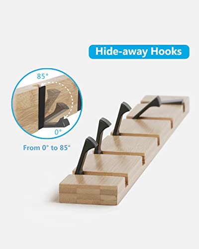 JSVER Wooden Coat Hooks Coat Rack Wall Mount, Space-Saving Coat Rack with 5 Standard Retractable Hooks, Hat Coat Hook for Entryway, Hallway, Bathroom, Living Room, Bedroom - size: 16.5 Inch 5 Hooks