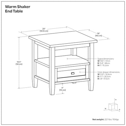 SIMPLIHOME Warm Shaker End Table - 20 inch Wide Solid Wood Side Table in Warm Honey Brown, Transitional Accent Table for Living Room with Drawer, Open Shelf and Square Tapered Legs - color: Warm Honey Brown, size: 20 inch, style: End Table