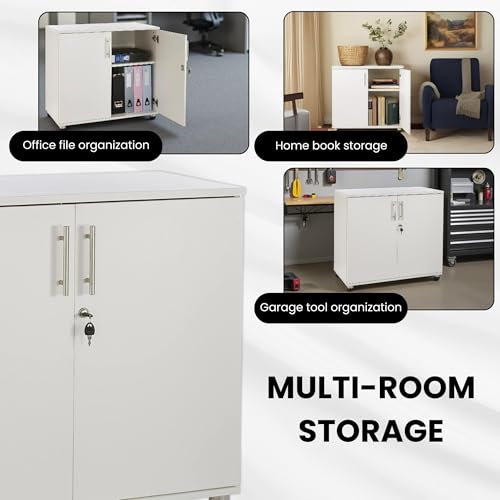 MMT Storage Cupboard, Storage Cabinet, File Cabinet for Office Documents, Garage Tools, Utility, White Wood, Lockable, 31.5" Long