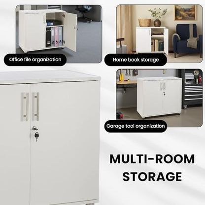MMT Storage Cupboard, Storage Cabinet, File Cabinet for Office Documents, Garage Tools, Utility, White Wood, Lockable, 31.5" Long