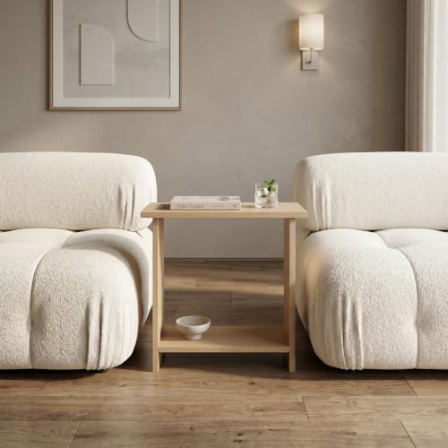 Narrow Side Table for Living Room, Slim End Table for Small Spaces Between Couch, Recliner or Armchair, 2 Tier Skinny Table with Open Shelf, Engineered Wood Sofa Beverage Thin Stand (Natural) - color: Natural