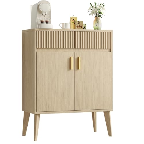 Sideboard Storage Cabinet with 2 Drawers & 2 Doors, Fluted Kitchen Buffet Cabinet with Adjustable Shelves, Coffee Bar Station for Living Room, Entryway, 13.8 x 27.6 x 35.6 in., Natural Wood - color: Natural Wood, size: 13.78"D x 27.56"W x 35.55"H