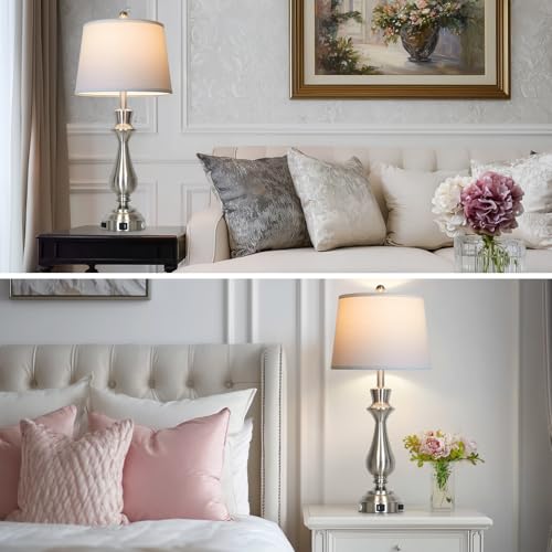 Silver Touch Lamps for Night Stands Set of 2-29.5" Tall Bedside Lamp with USB C+A, 3 Way Dimmable Bedroom Lamps, Brushed Nickel Table Lamps for Living Room - color: Silver