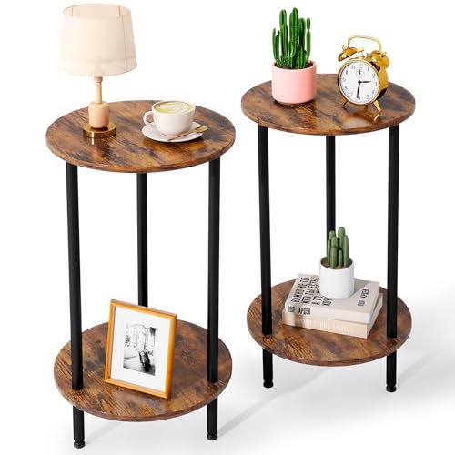 Round Side Table Set of 2, 2-Tier End Table, Small Round Nightstands with Storage, Modern Accent/Bedside Table for Living Room, Bedroom-Brown - color: Brown, size: 2PC