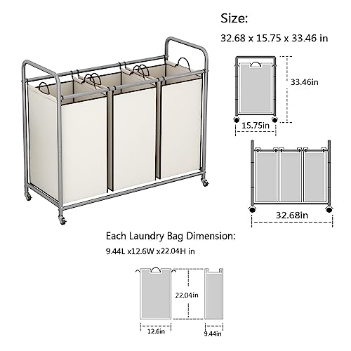 LINZINAR 3 Section Laundry Hamper, Beige Laundry Basket 135L Laundry Sorter | Laundry Room Organization with Heavy Duty Rolling Lockable Wheels and Removable Bag, Bedroom Laundry Cart for Clothes Storage - size: 3 Bags Beige