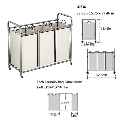 LINZINAR 3 Section Laundry Hamper, Beige Laundry Basket 135L Laundry Sorter | Laundry Room Organization with Heavy Duty Rolling Lockable Wheels and Removable Bag, Bedroom Laundry Cart for Clothes Storage - size: 3 Bags Beige